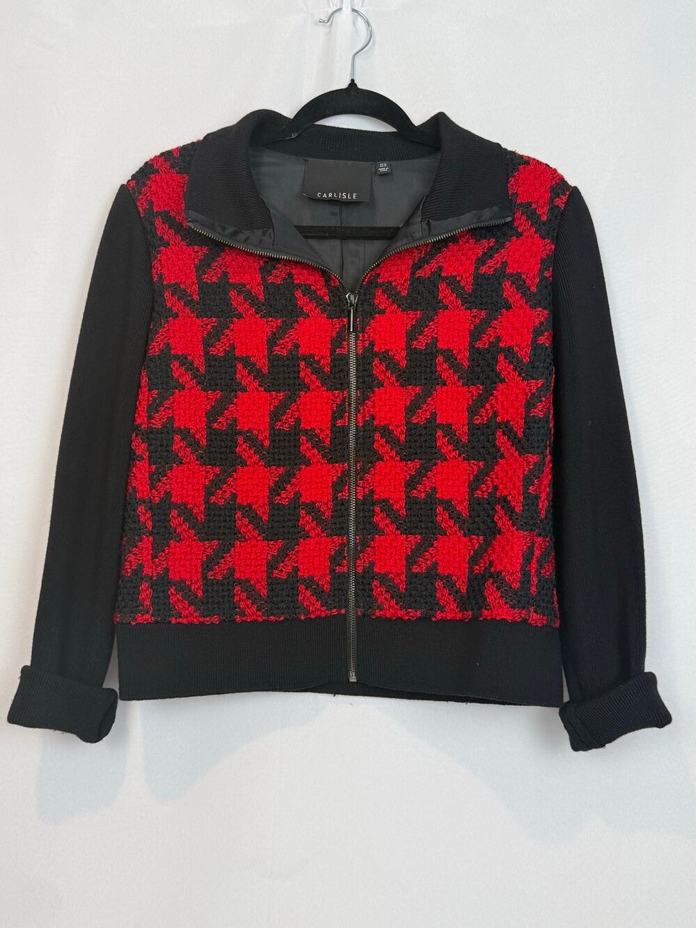 Carlisle Collection Red Black Houndstooth Wool Zip Jacket Knit Sleeves Size 12
